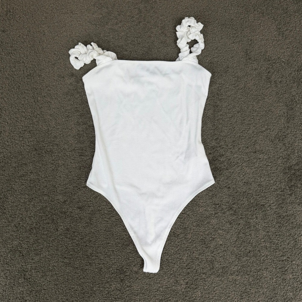 Sunday Best White Ribbed Ruffle Strap Thong Bodysuit XS Square Neck Slim Fit